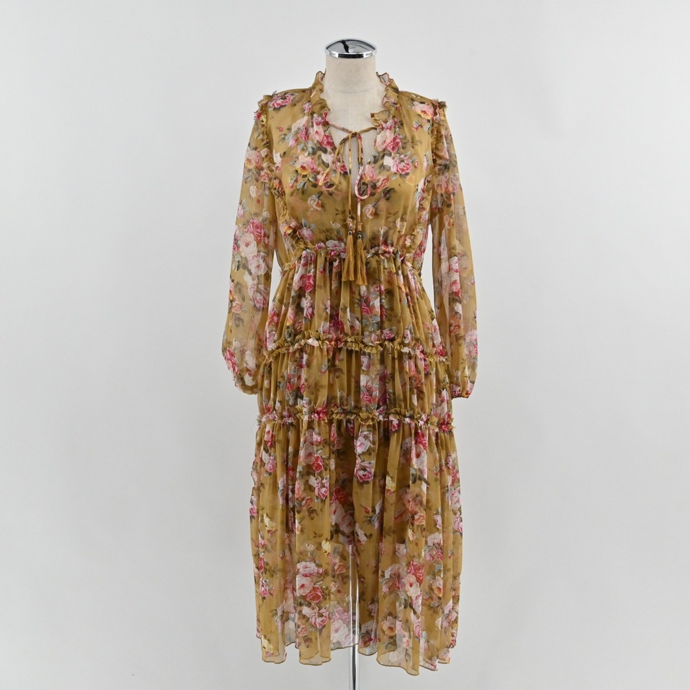OPT Floral Tiered‎ Midi Dress Womens Size S Yellow Romatic Cottagecore Chiffon
